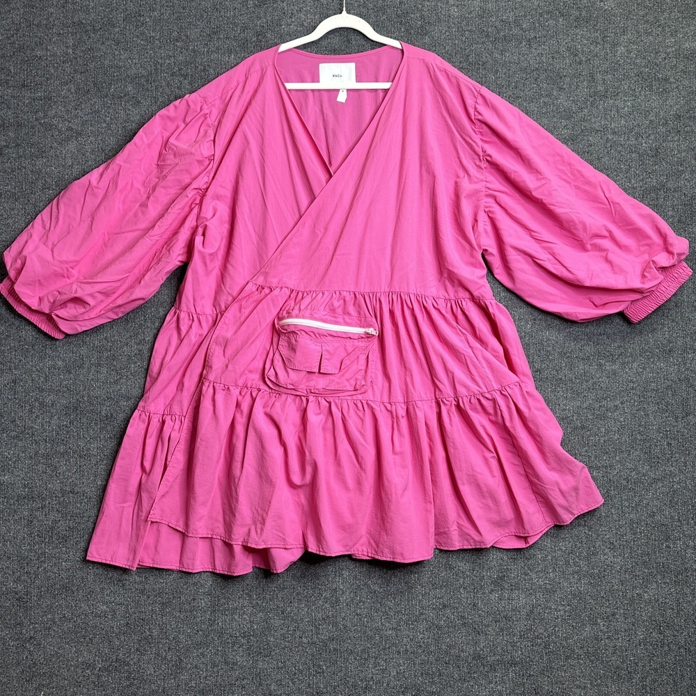 KkCo Utility Wrap Dress Women's Size 4XL Pink NWT Lagenlook Puff Sleeves Layered